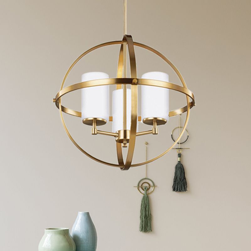 Globe Living Room Pendant Chandelier Traditional Ivory Glass 3/5/9 Lights Brass Hanging Fixture with Cylinder Shade