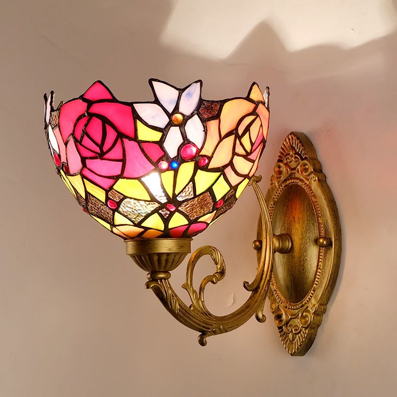 Gold 1 Head Wall Lighting Ideas Victorian Stained Glass Bowl Shade Wall Mount Light Fixture with Petal Pattern