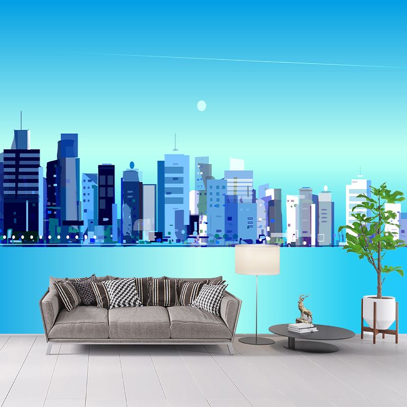 City Building Illustration Wall Murals Moisture Resistant Wall Decor for Meeting Room