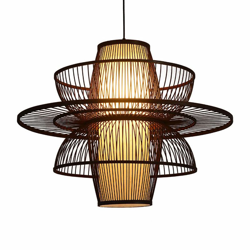 Coffee Cage Suspension Light Chinese Style 1-Light Bamboo Pendant Lighting Fixture