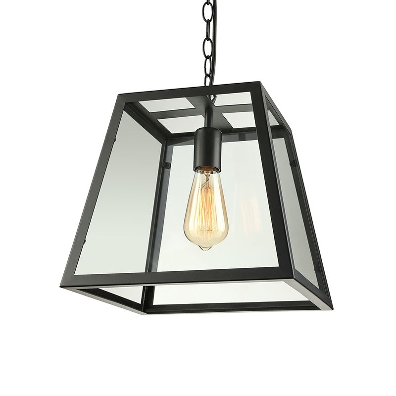Industrial Trapezoid Pendant Lighting 1 Light Clear Glass Hanging Light Fixture in Black, 7" /12" Wide