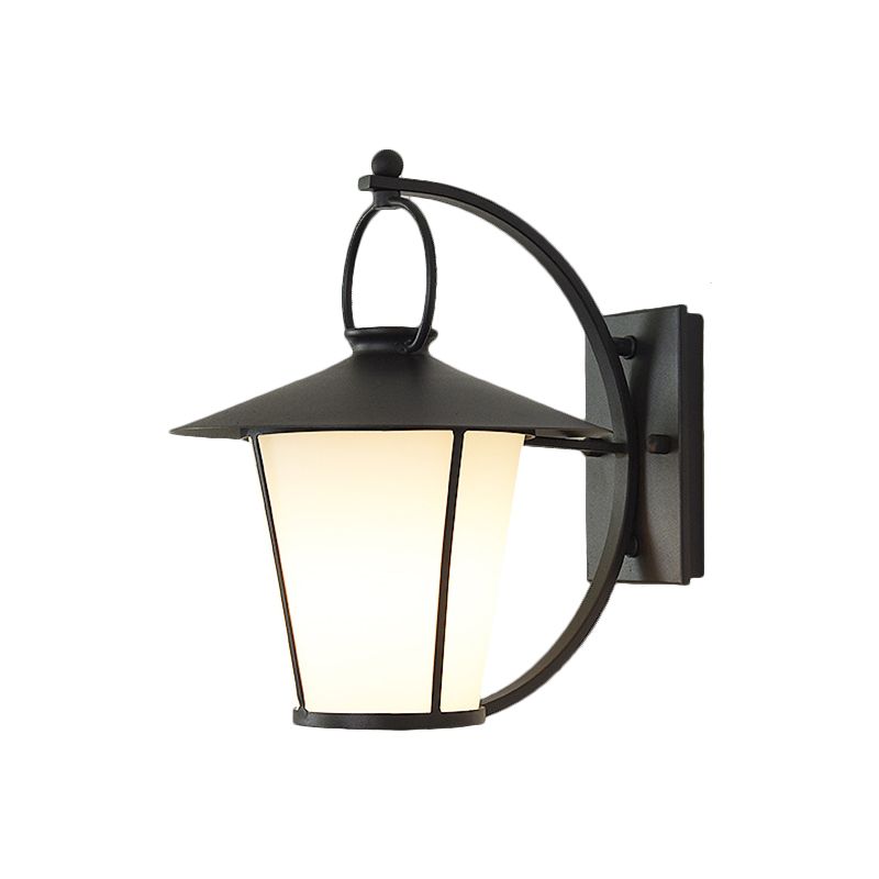 Conical Opal Glass Wall Mount Light Vintage 1-Head Courtyard Wall Lighting Ideas with Arc Arm in Black/Brass