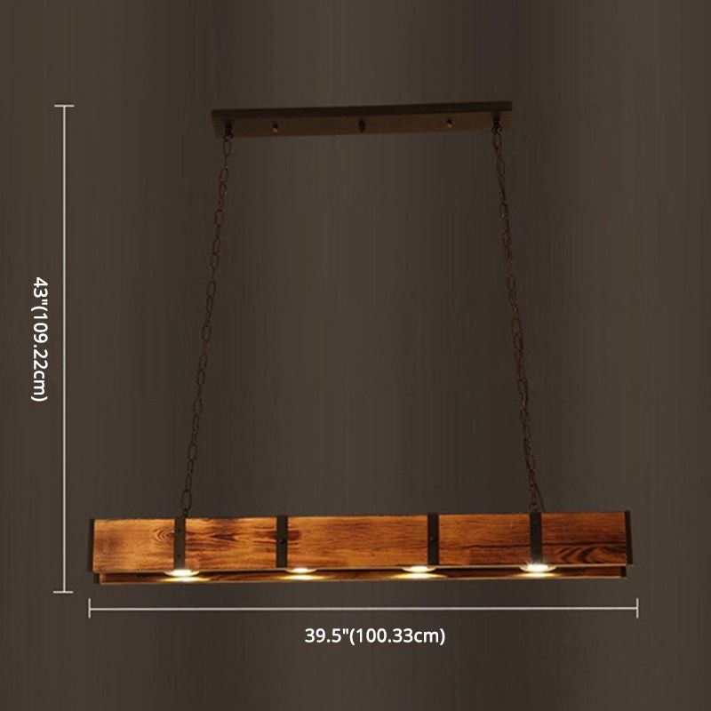 Rectangular Wooden LED Island Pendant Light in Industrial Vintage Style Wrought Iron Ceiling Light in Log Color