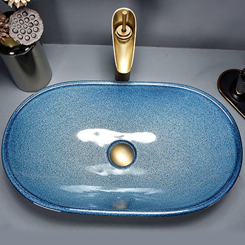 Traditional Vessel Bathroom Sink Oval Porcelain with Overflow and Drain Assembly Vessel