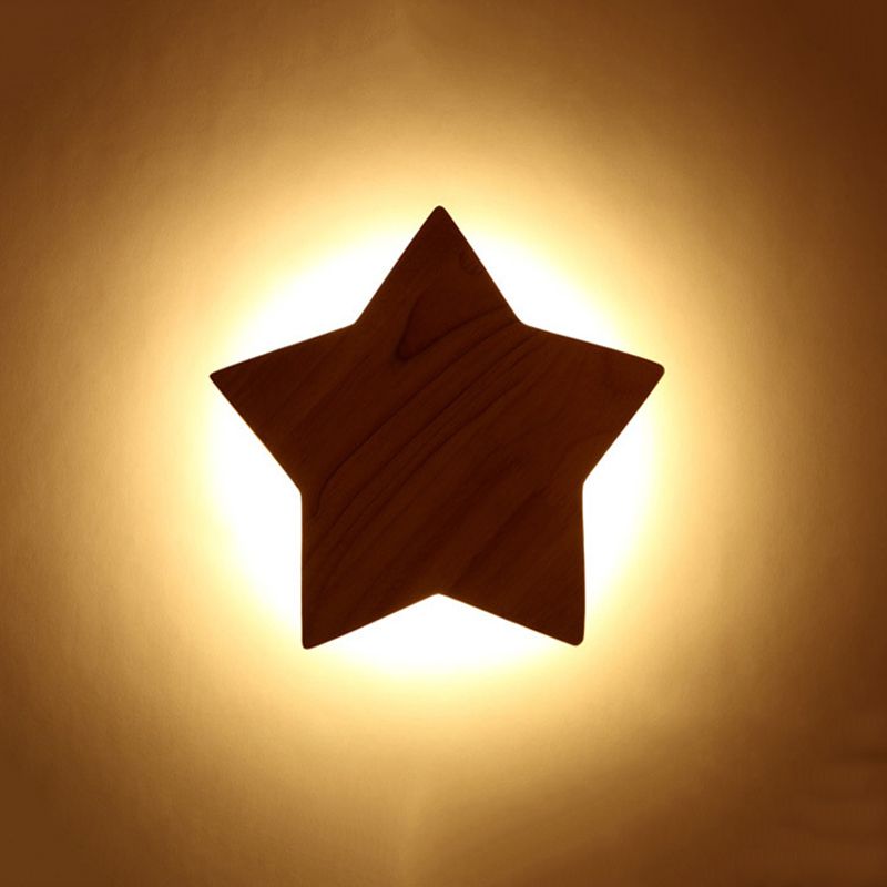 Modern LED Sconce Light Fixture Wood Star-Shaped Wall Sconce Lighting with Wooden Shade