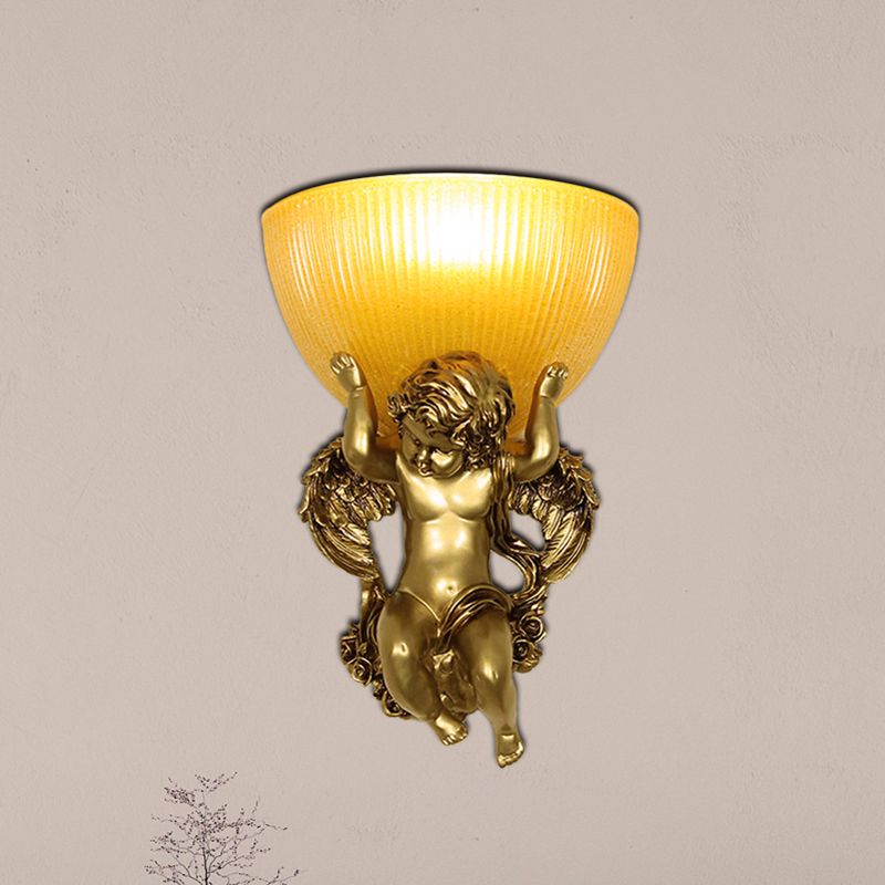 Angel Sconce Light Colony Metal 1 Head White/Gold Wall Lamp Fixture with Dome Amber Glass Shade, Left/Right