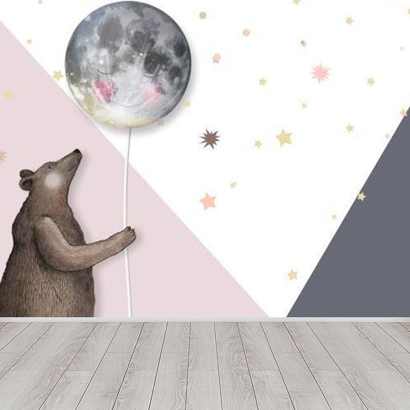 Bear with Moon Balloon Mural Decal Cartoon Non-Woven Cloth Wall Art in Pink for Nursery