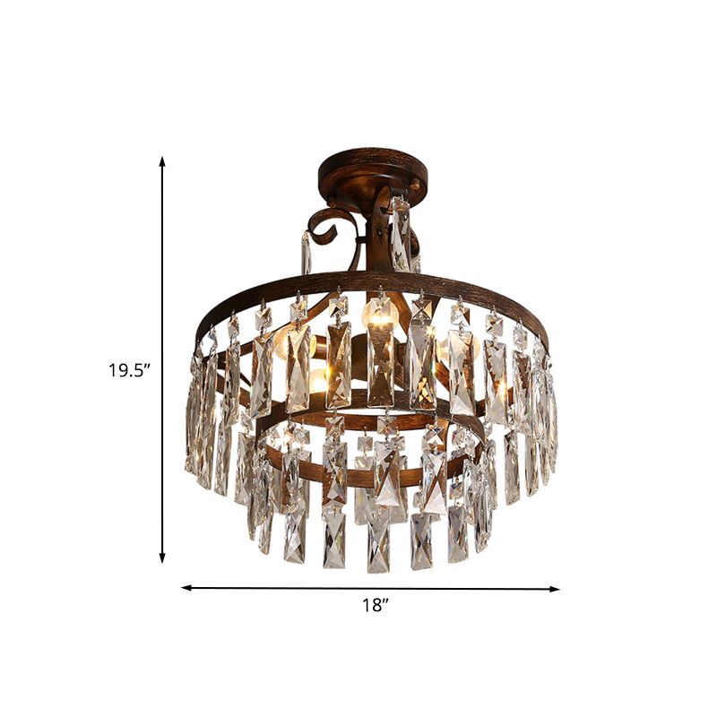 5 Heads Semi Flush Light Vintage Drum Crystal Flute Close to Ceiling Lighting Fixture in Black