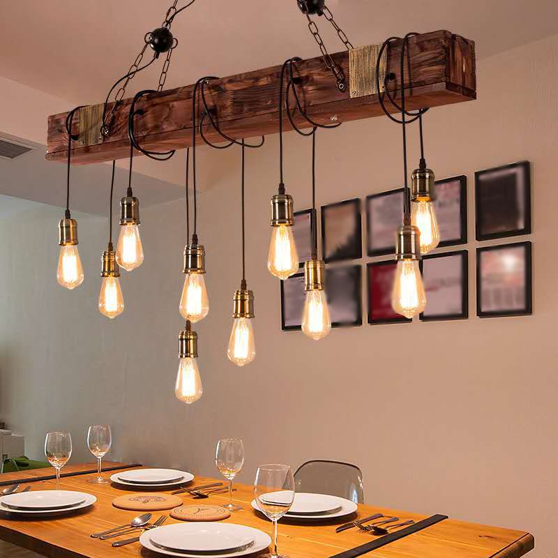 Black Island Light Fixture Industrial Style Wood Linear Pendant Light for Restaurant