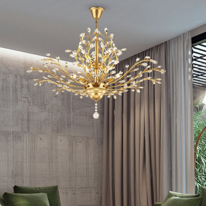 Country Style Foliage Chandelier Metal Suspension Light with Crystal Decor in Gold