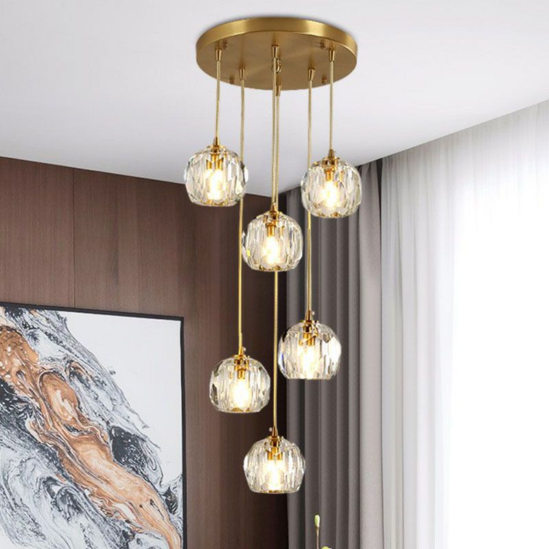 K9 Crystal Clusterkugel Anhänger Leichte postmoderne Gold Finish Hanging Lampe für Treppe