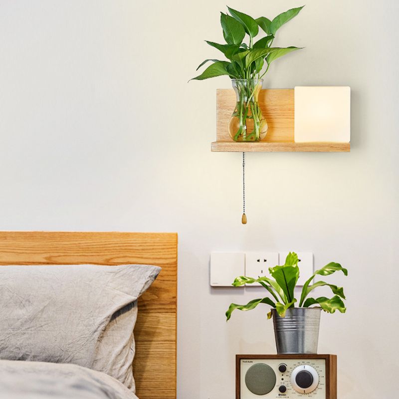 Contemporary Wooden Wall Sconce Simple Wall Light with Glass Shade without Plants