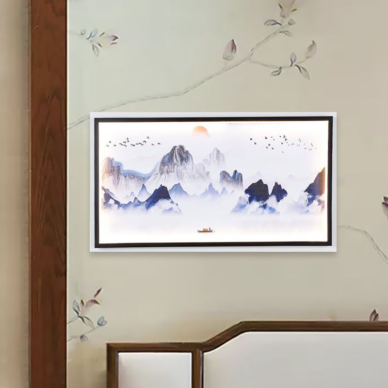Montagnes bleues à motifs muraux légers asiatiques en tissu à LED Asie Moutien mural pour le salon