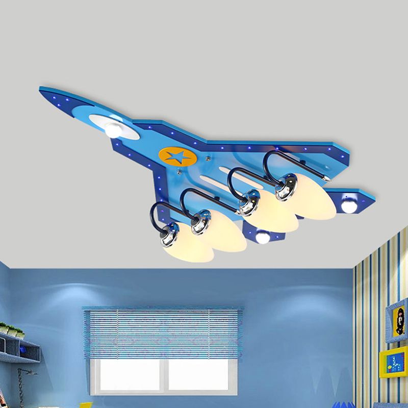 Blue Plane Close to Ceiling Lamp Cartoon 3/5-Bulb Wooden Flushmount Lighting in Warm/White Light