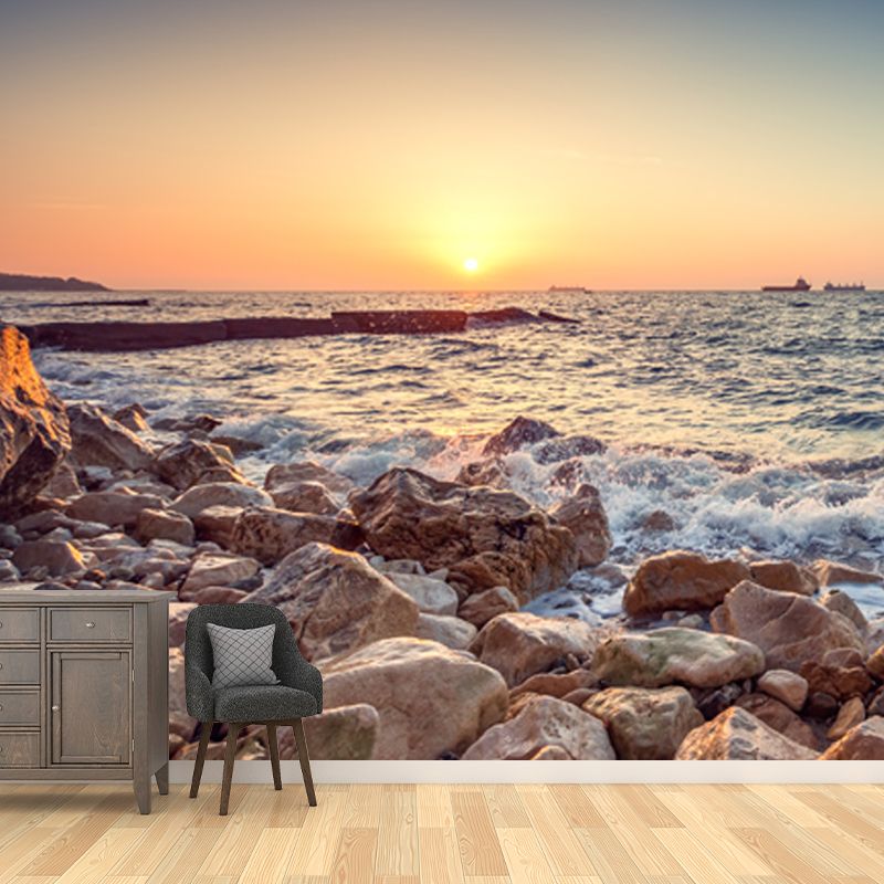 Tropic Ocean Rocky Bay Mural Wallpaper Blue Sunset Scenery Wall Art, Customization