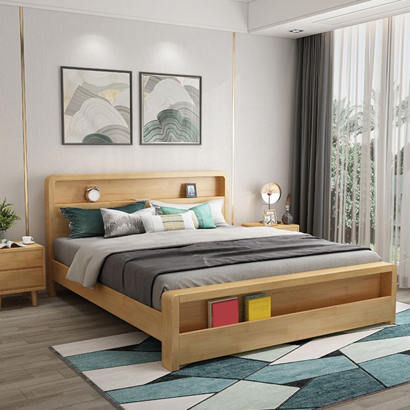 Storage Solid Wood Panel Bed Rubberwood Standard Bed with Headboard