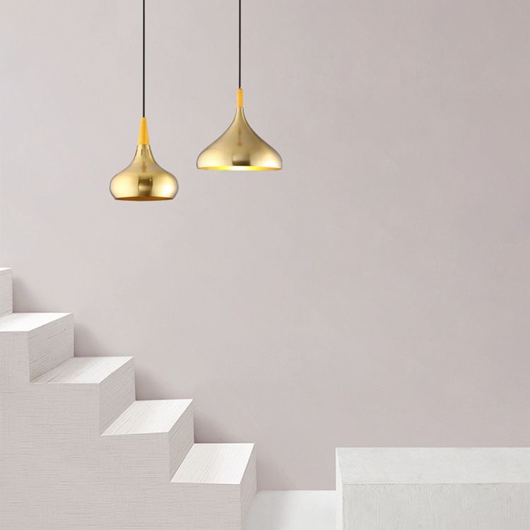Gold Wood Capped Ceiling Pendant Light Minimalist Style Metal Hanging Light Fixture