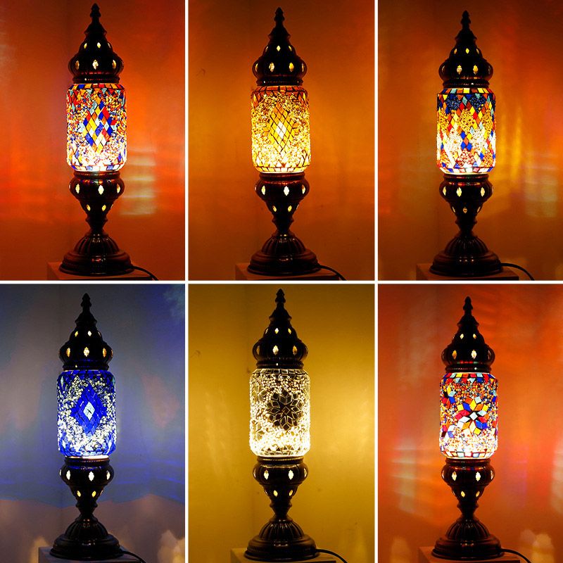 Moroccan Cylindrical Table Light 1-Bulb Handcrafted Mosaic Glass Night Stand Lamp