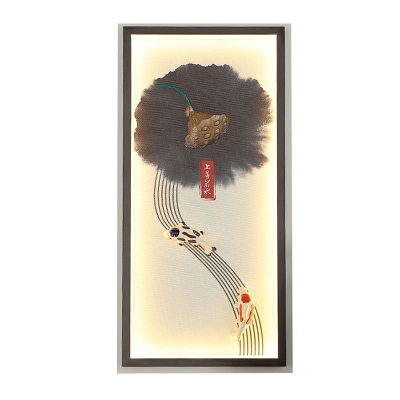 Chinese Style LED Wall Lamp Black Lotus Seed and Fish Mural Lighting Fixture with Aluminum Frame