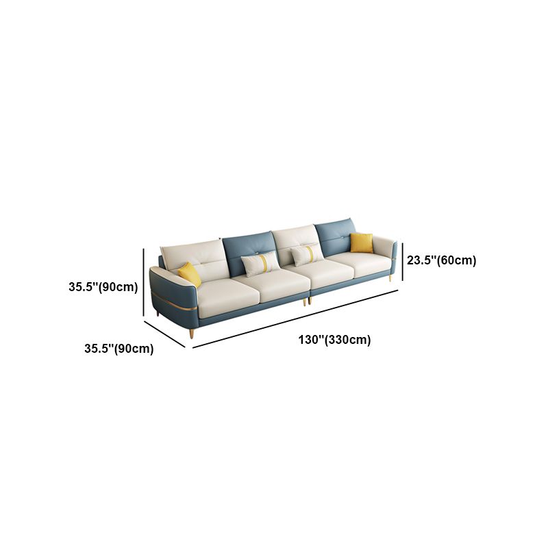 Glam Faux Leather Sofa Blue and Beige Square Arm Sofa with Pillows