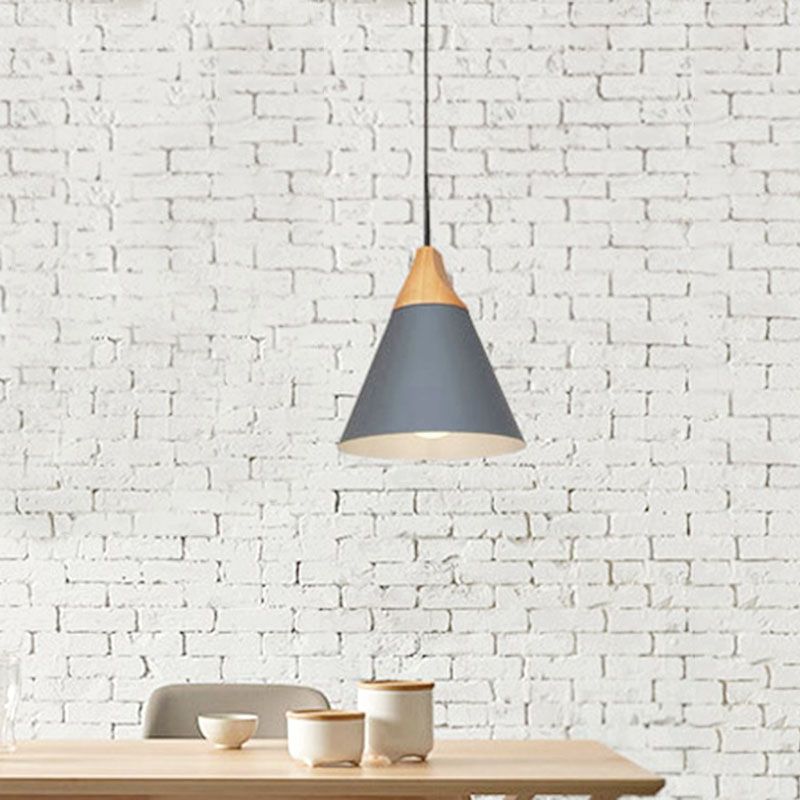 Nordic Simple Style Pendant Light, Macaron Color Conical Shade Hanging Light with Wooden Top