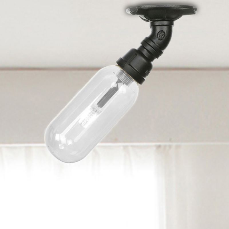 1 Light Ceiling Mounted Fixture Oval Shade Clear Glass Industrial Indoor Semi Flush Mount in Black with Pipe Design