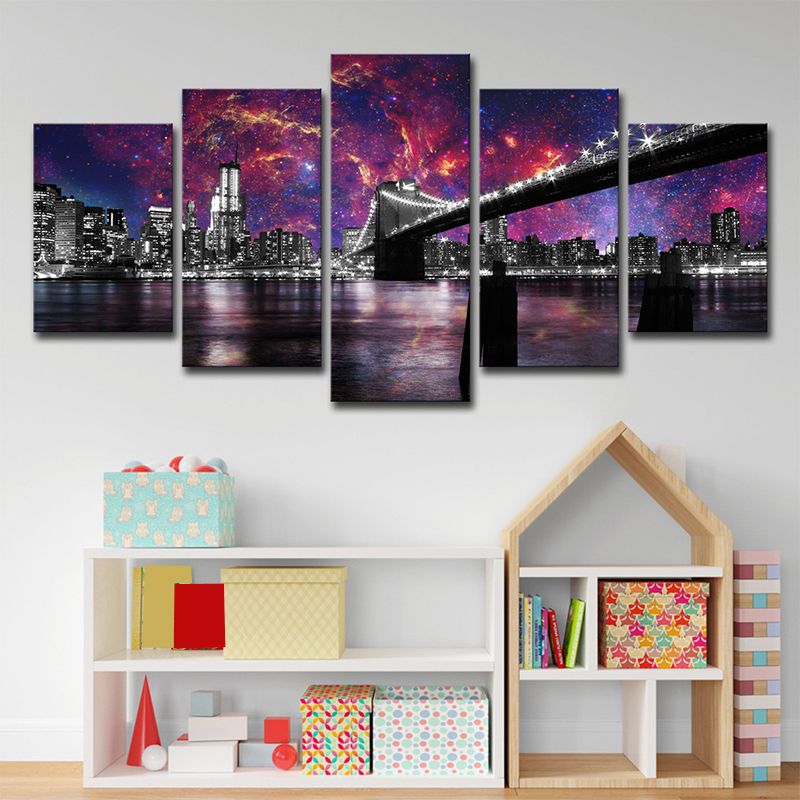 Purple Night Cityscape Canvas Art Brooklyn Bridge Modernist Multi-Piece Wall Decor