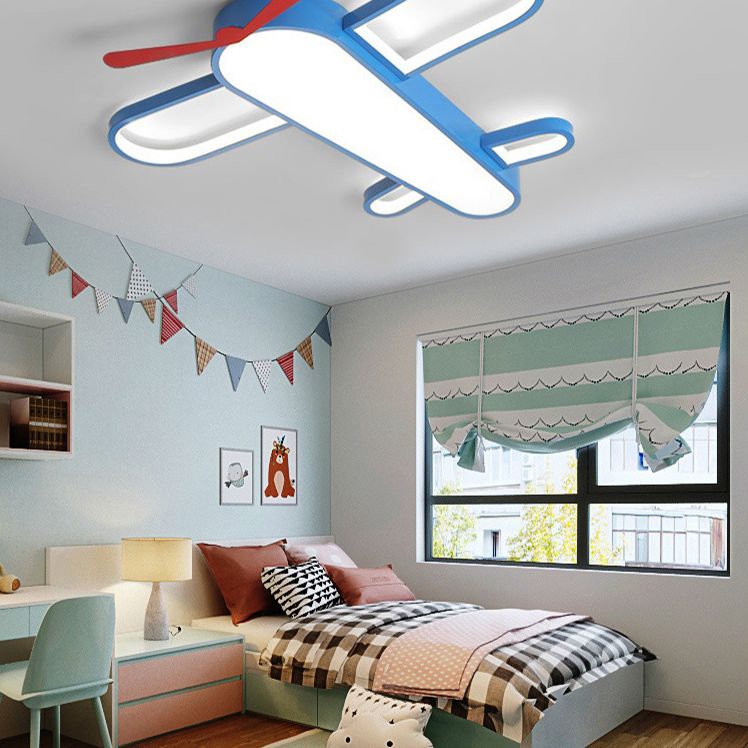 Cartoon Airplane Shaped Ceiling Mount Light Acrylic Shade Creative Boys Room LED Ceiling Lamp in Blue