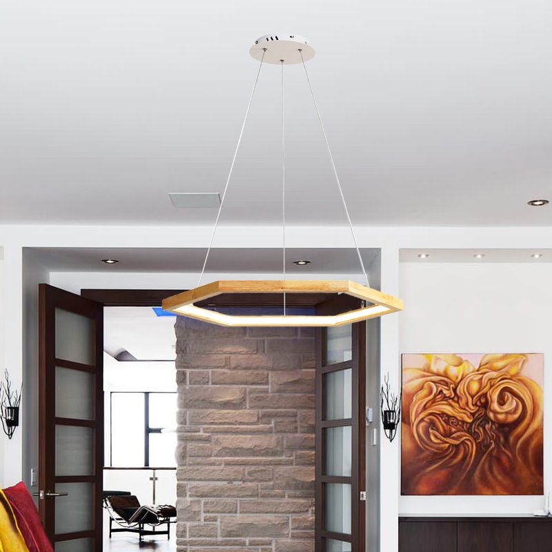 Hexagonal Pendant Chandelier Contemporary Acrylic LED Light/Dark Wood Hanging Ceiling Light, 16"/19.5"/23.5" Wide