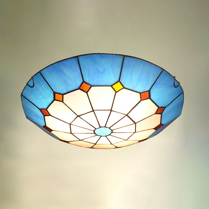 Bowl Flush Mount Lighting Mediterranean Gridded Glass Blue Ceiling Light Flush Mount