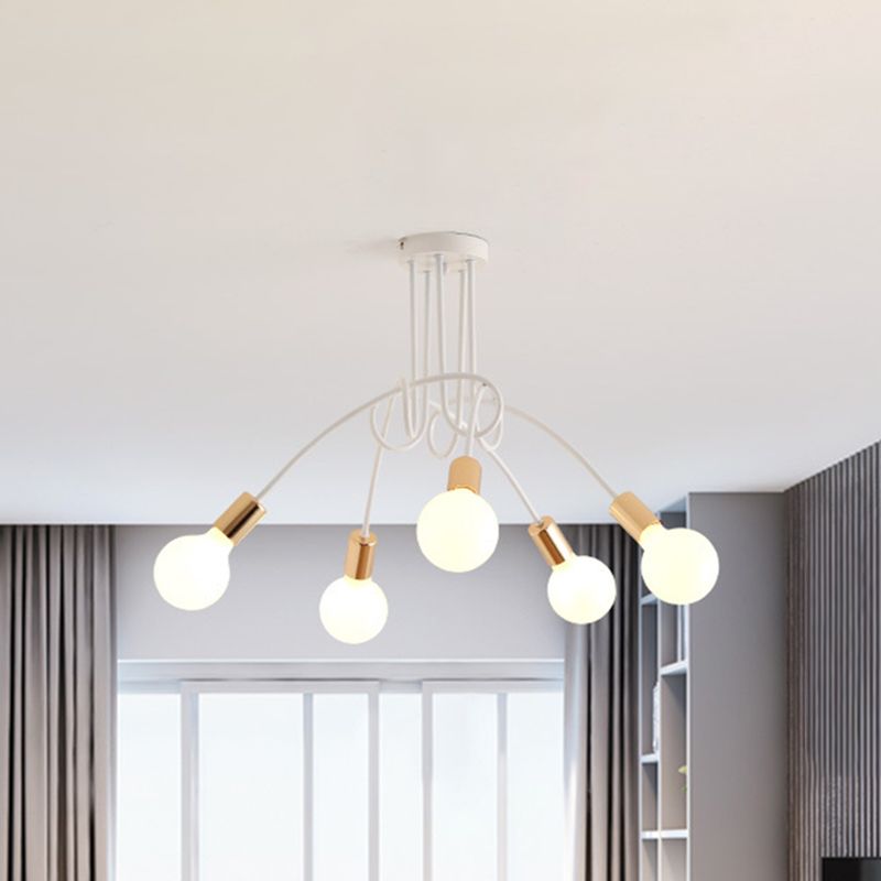 White Sputnik Exposed Bulb Flush Mount Industrial Retro Ceiling Light with Wrought Iron Stem