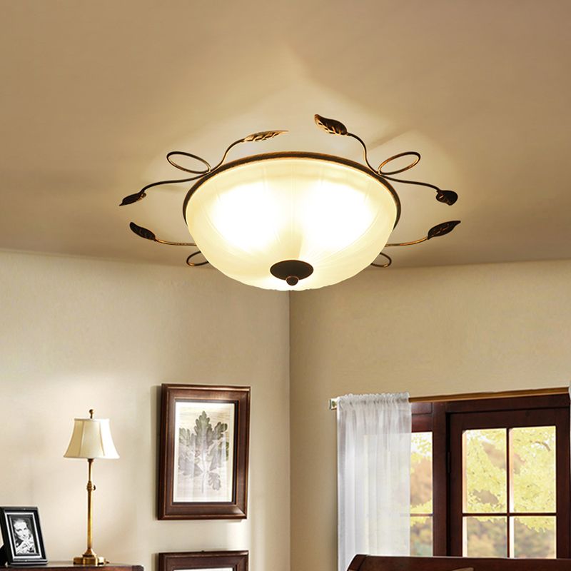 3-Light Flush Mount Spotlight Vintage Bowl-Shaped White Glass Flush Light with Leaf Decoration