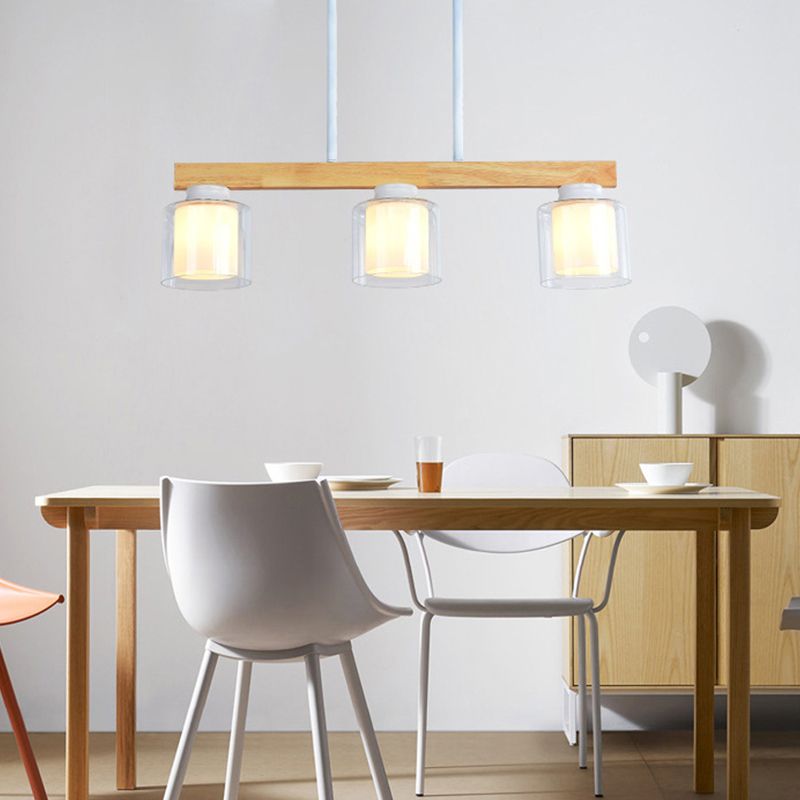 Nordic Linear Island Light Wood 3/4 Heads Dining Room Hanging Lamp with Cylinder White Glass Shade Inside