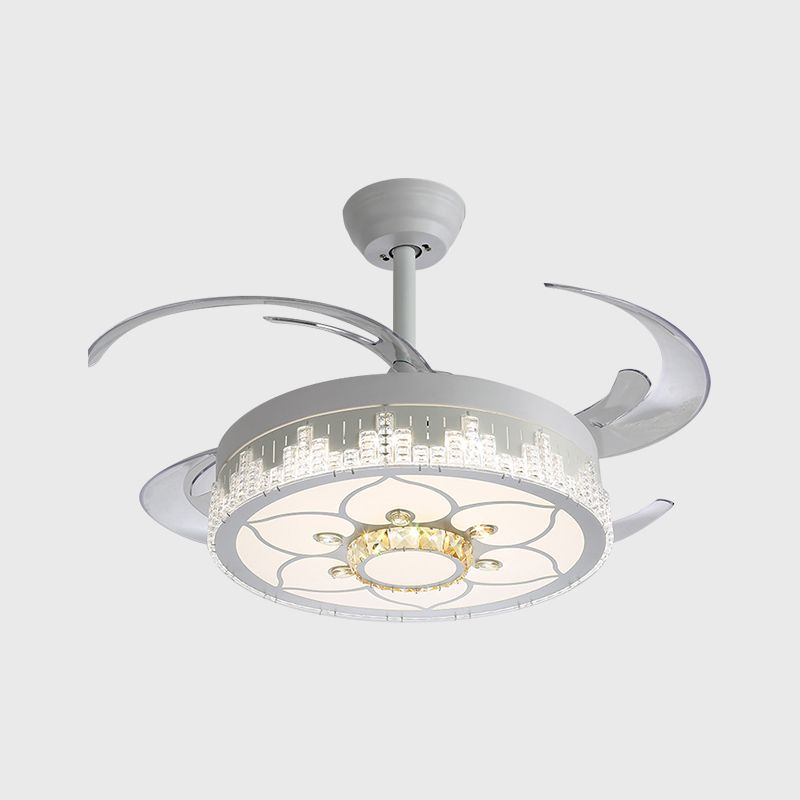 Kristalblokken witte semi -mount licht ronde moderne 4 bladen led plafondventilator lamp met bloem/sneeuwvlok/Chinees knooppatroon, 19 "breed