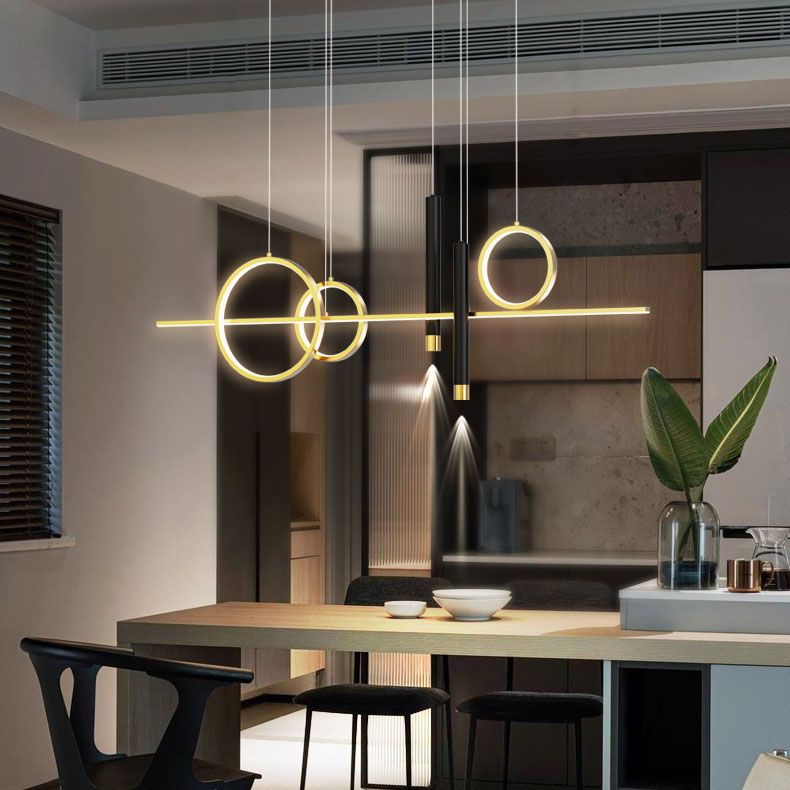 Eetkamer nieuwe moderne eiland verlichting led lineair metalen hanglamp met 2 spotlights