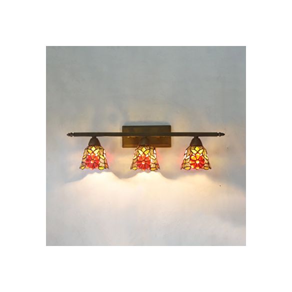 Tiffany Rustic Bell Wall Lighting Stained Glass 3 Lights Bathroom Sconce Lamp in Pink/Red/Orange/Purple