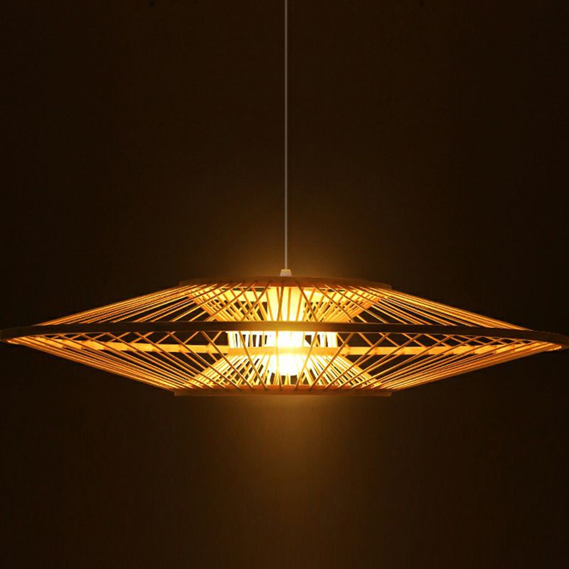 Hand-Crafted Ceiling Pendant Light Modern Bamboo 1 Bulb Tearoom Drop Lamp in Beige