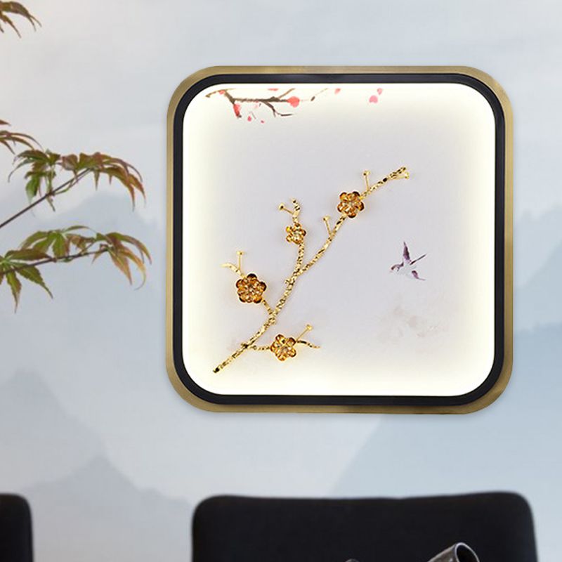 Metal Square/Rectangle Wall Lighting Fixture Asia LED Gold Wall Mural Lamp with Plum Blossom Pattern