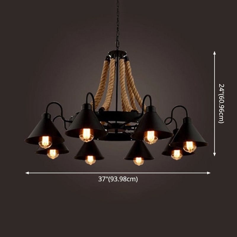 Industrial Art Hanging Chandelier Light with Rope and Cone Metal Shade in Black