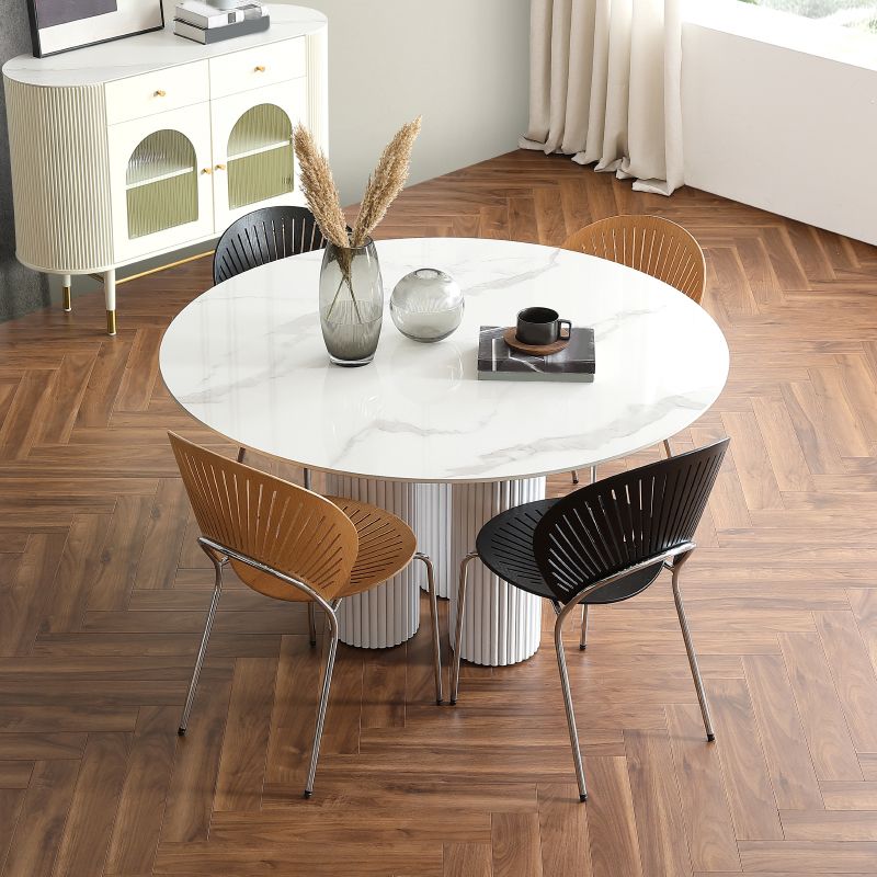Round White Indoor Dining Table Set Modern Stone 1/2/3/5 Pieces Dinette Set