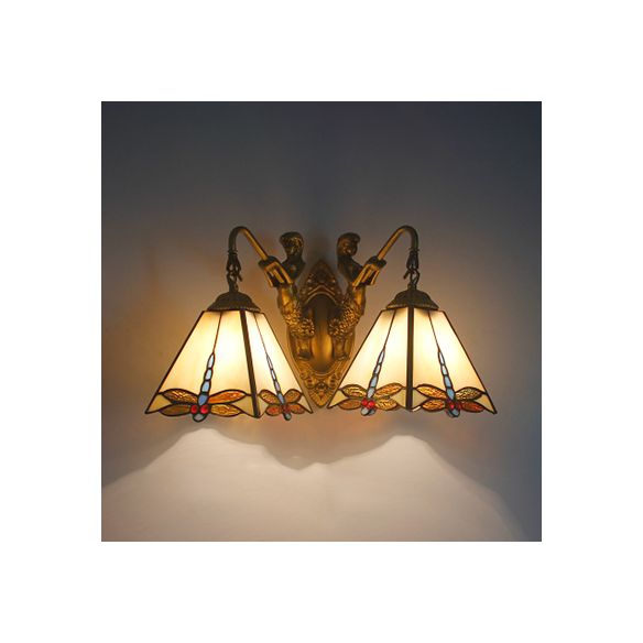 2 Heads Pyramid Sconce Lighting Tiffany White/Clear Glass Wall Mounted Light with Dragonfly Pattern