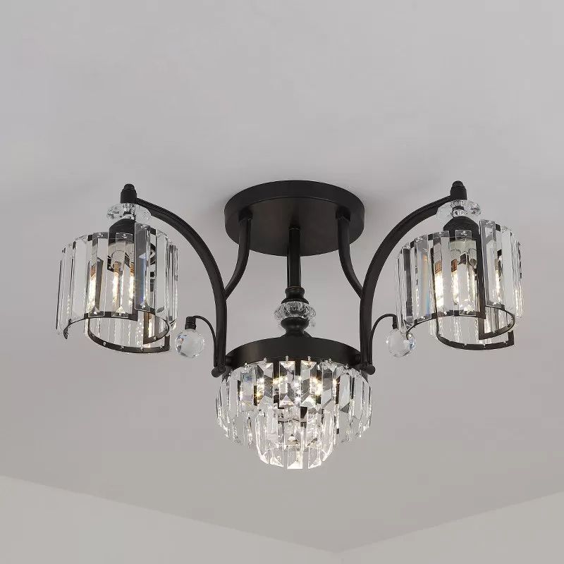 Metallic Curbe ARM SEMI FUSH MOUR MODERNE MODERNE 3/6 BULB DES PLAUDES PLAGE FUSHER EN NOIR AVEC CYLINDRE CRISTAL