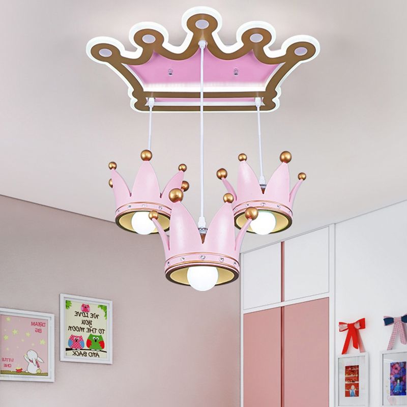 Crown Resin Ceiling Flush Mount Light Cartoon 3 Heads Pink Flush Mounted Lamp with Drapes
