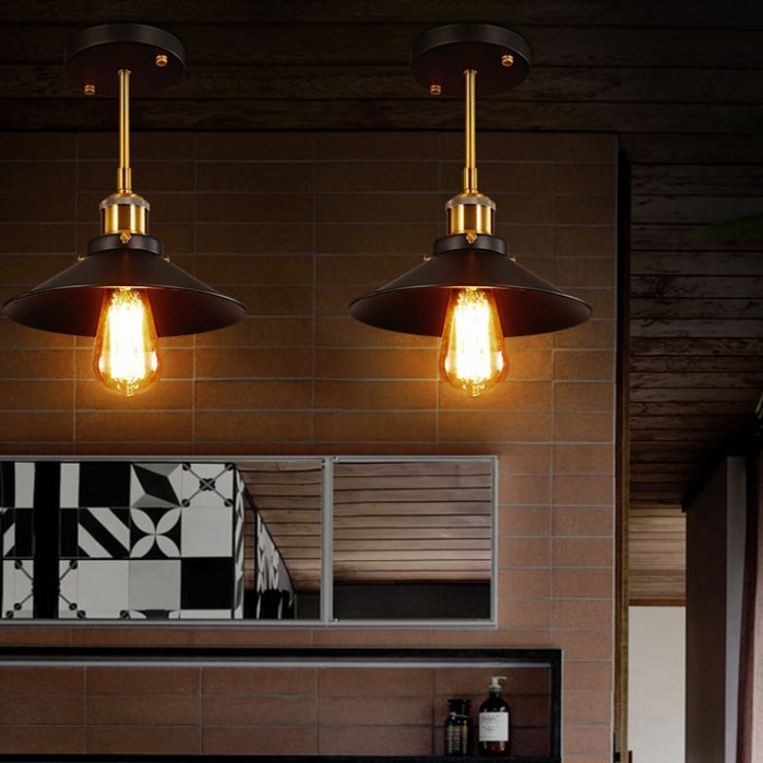 Semi Flush Anhänger leichter Vintage Style Hall Halbflush Mount Light mit Kegelmetallschatten in Schwarz