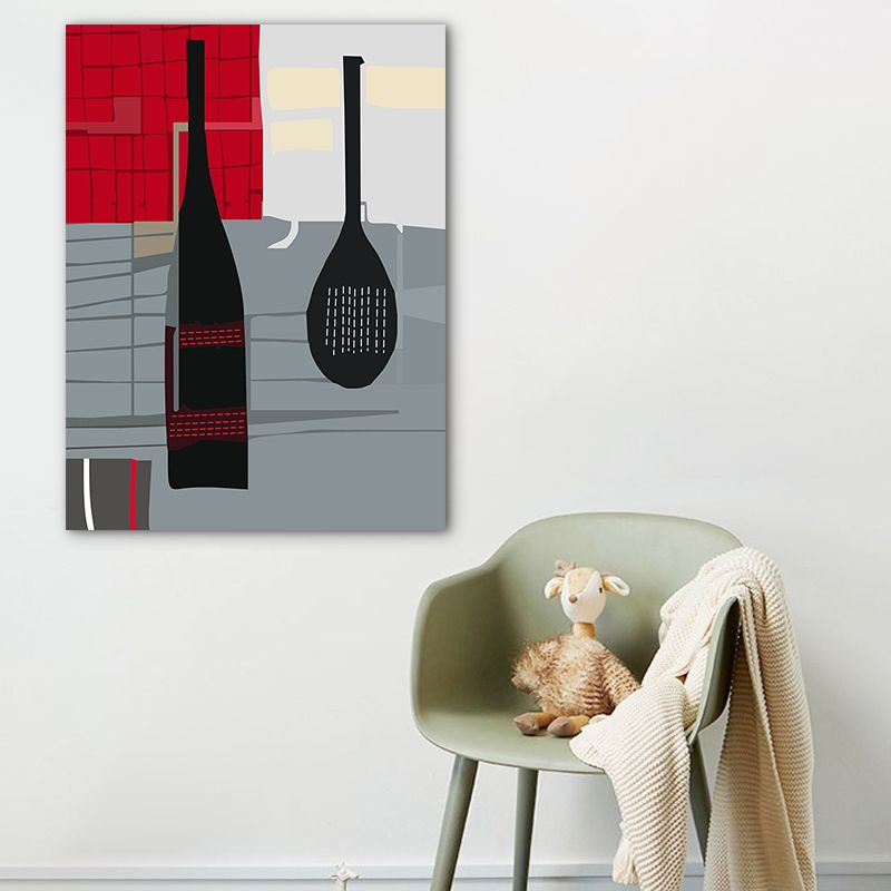 Scandinavian Wine Bottle Canvas Red and Grey Textured Wall Art Print for Living Room