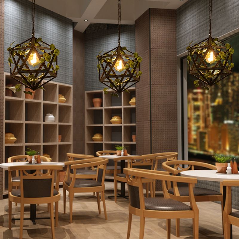 Iron Polyhedron Cage Pendant Light Antique Single Restaurant Plant Hanging Light Fixture in Black