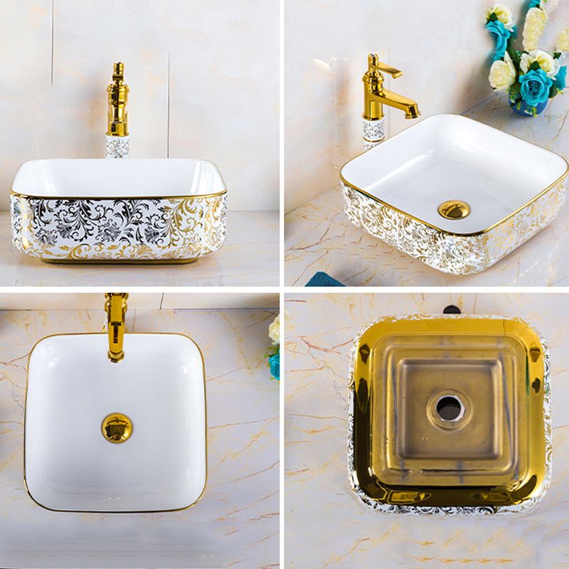 Modern Bathroom Sink Porcelain Round Hand Painted with Overflow and Faucet Wash Stand