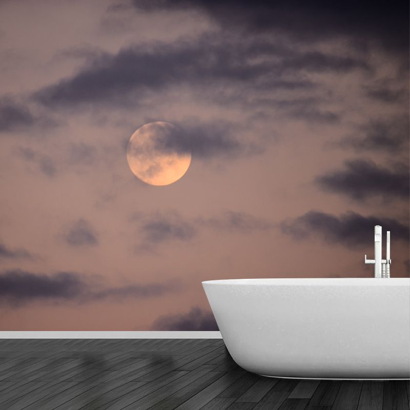 Misty Moon and Cloud Mural for Living Room, Grey-Yellow, Customized Size Available