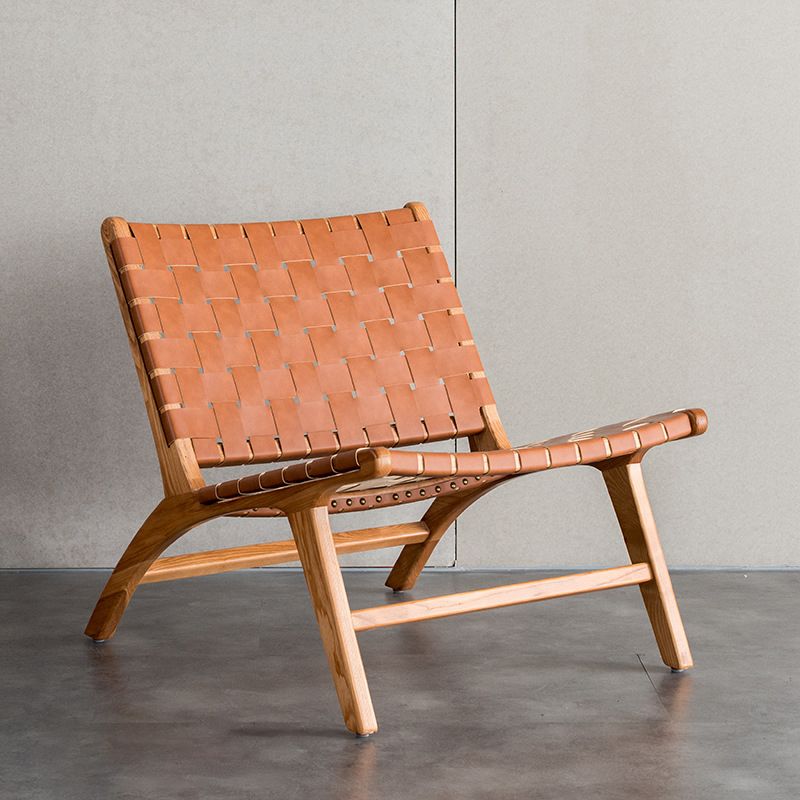 Woven Back Lounge Chair Basic Four Leg Solid Wood Chair for Living Room