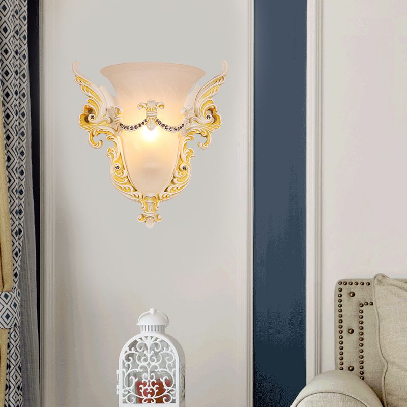 Bell Frosted Glass Wall Sconce Colonial 1 Bulb Living Room Flush Mount Wall Light in White/Gold/White and Gold